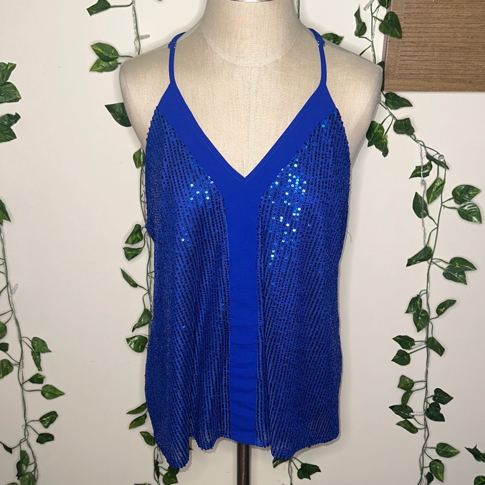 Double Lined Blue Sequin Flowy Tank Top